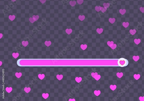 Line of sliders for determining the level of approval. Movable simple buttons with pink hearts, appreciating lively like. Element template for head on social media, mobile app, feedback swipe.