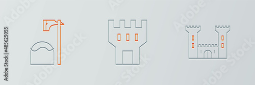 Set line Castle, Executioner axe in tree block and tower icon. Vector