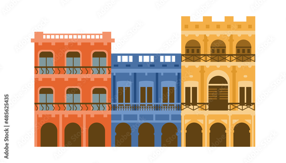 Havana Cuba street colonial buildings, flat vector illustration isolated.
