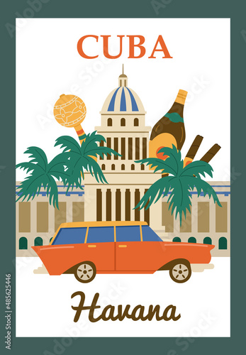 Havana, Cuba poster or postcard. Retro car and National Capitol Building landmark on the background
