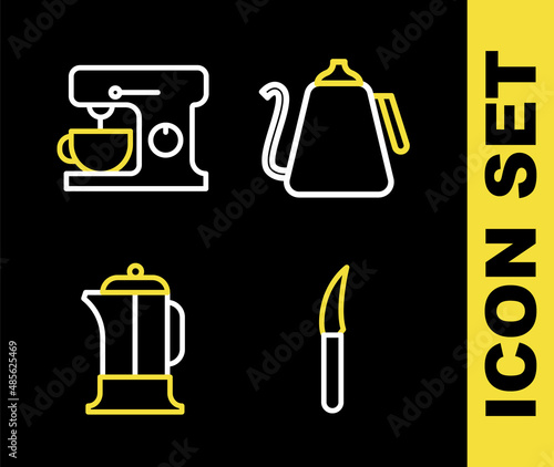 Set line Kettle with handle, Knife, French press and Electric mixer icon. Vector