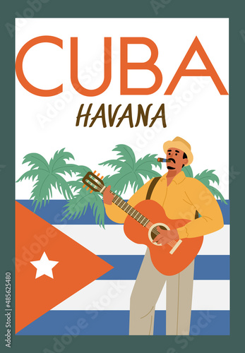 Cuba Havana banner with cuban man playing guitar, flat vector illustration.