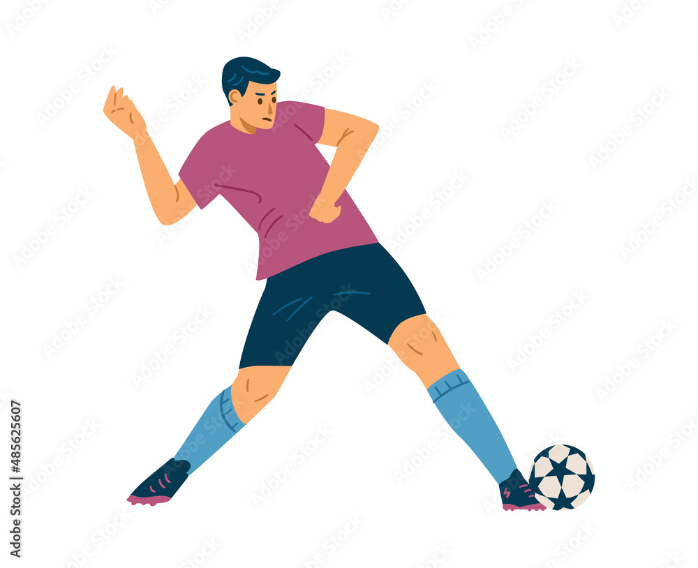 Soccer player kicks the ball with his leg, flat vector illustration isolated on white background.