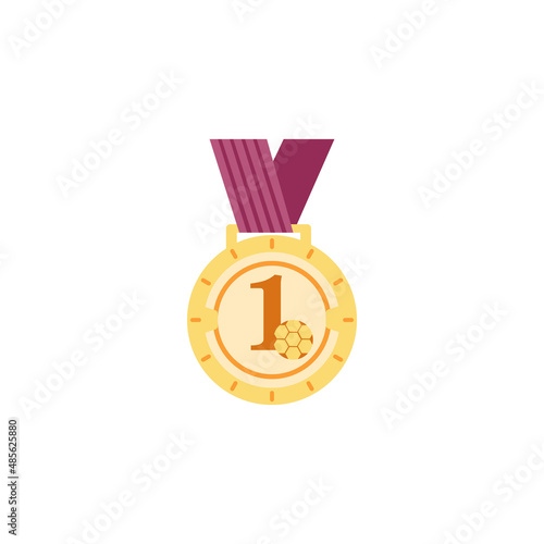 Sport winner gold medal with red ribbon, flat vector illustration isolated.
