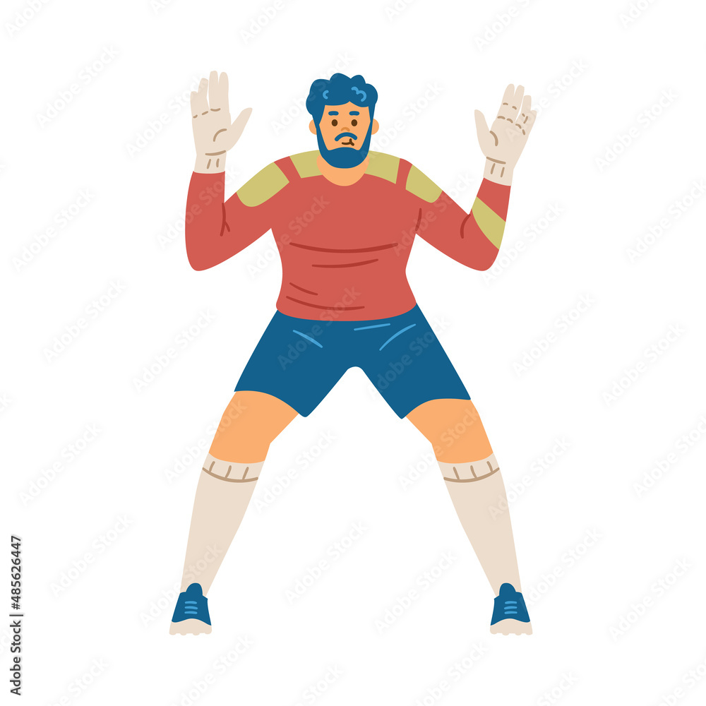 Naklejka premium Football or soccer goalkeeper catching ball, flat vector illustration isolated.