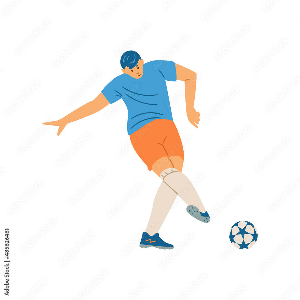 Soccer or football team player with ball, flat vector illustration isolated.