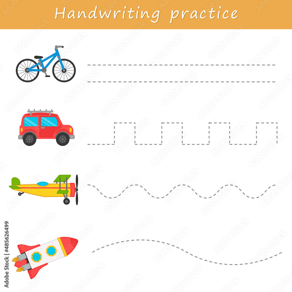 Educational children's game. Handwriting practice sheet. Writing learning, transport theme. Connect the dots. Printable worksheet. Activity for preschool years kids and toddlers.