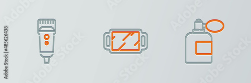 Set line Aftershave bottle with atomizer, Electrical hair clipper or shaver and Hand mirror icon. Vector