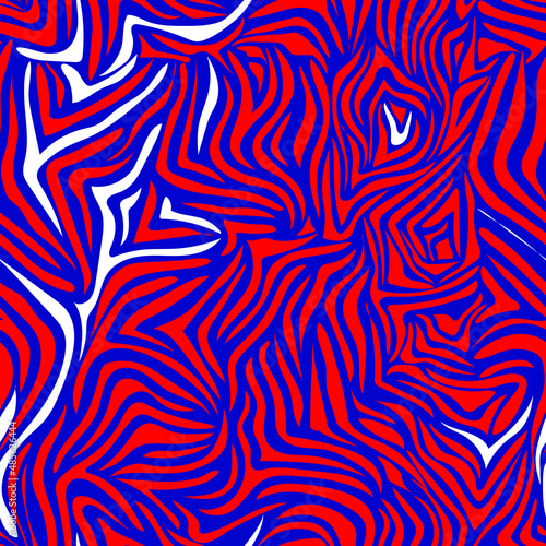 Red thin wavy stripes on a blue background with white splashes. Seamless modern zebra pattern for trendy textured fabrics, paper products. Vector.