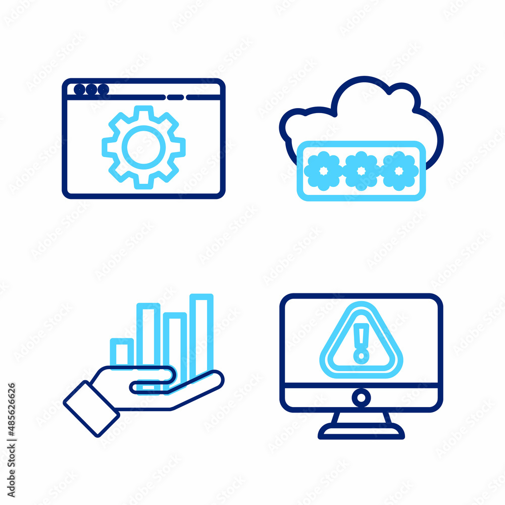 Set line Monitor with exclamation mark, Pie chart infographic, Password protection and Browser setting icon. Vector