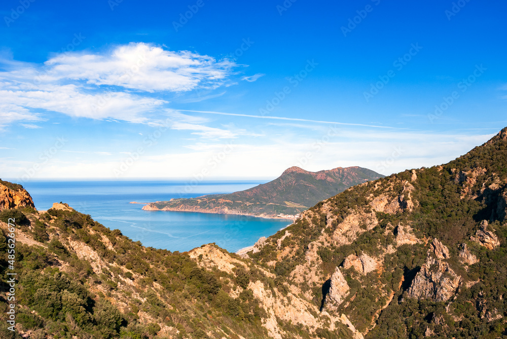Sardegna, veduta panoramica della costa di Buggerru, Italia, Europa 