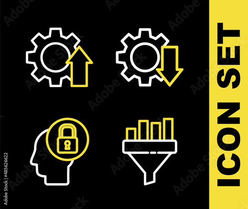 Set line Cost reduction, Sales funnel with chart, Human head lock and Arrow growth gear icon. Vector