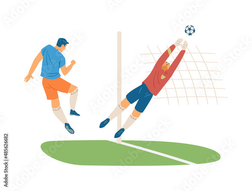 Football player kicks the ball and goalkeeper catches it, flat vector illustration isolated on white background.