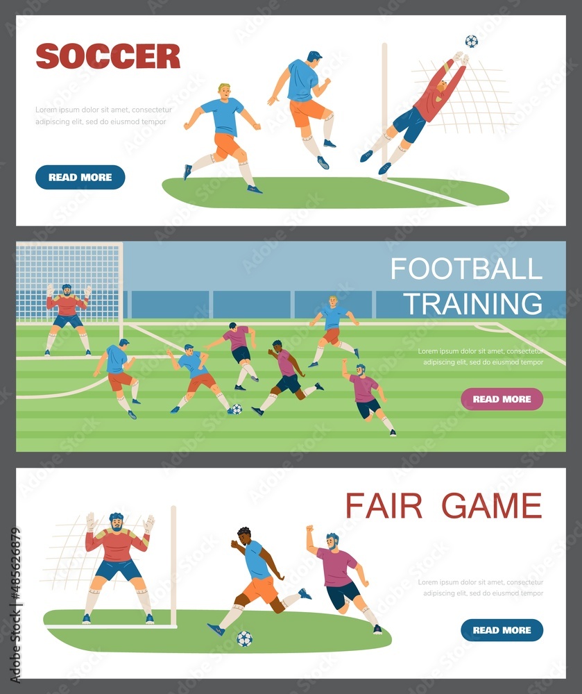 Soccer game and football training with players kick and catch ball - horizontal posters set, flat vector illustration.