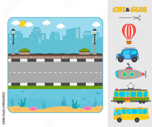 Game for children. Cut and paste machines. Match the transport going, floating, flying. Template for printing games with Velcro, puzzles. Activity for pre school years kids and toddlers