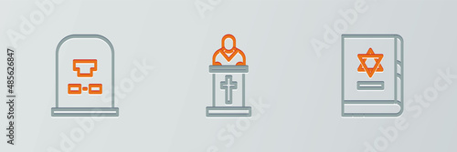 Set line Jewish torah book, Tombstone with RIP written and Church pastor preaching icon. Vector