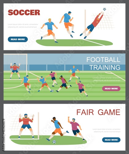 Soccer game and football training with players kick and catch ball - horizontal posters set, flat vector illustration.