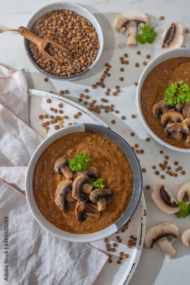 Home made mushroom cream soup with sliced dry mushrooms Home made mushroom cream soup with sliced dry mushrooms