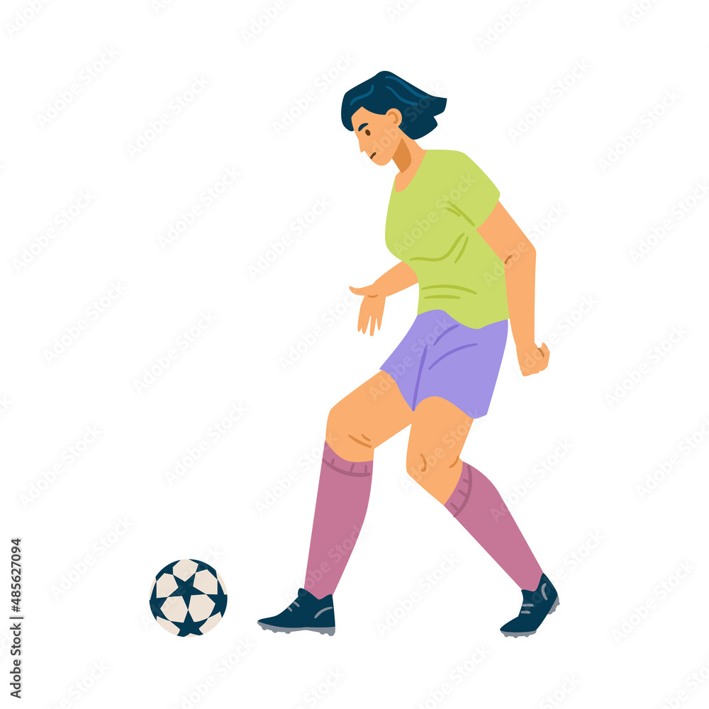 Woman passes the ball during soccer game, flat vector illustration isolated on white background.