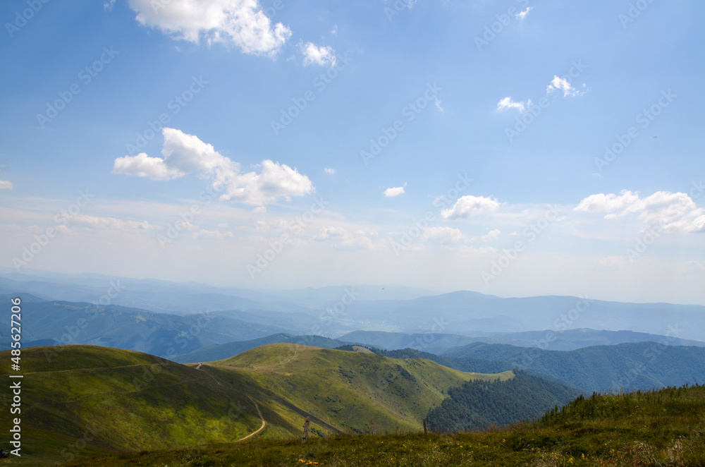 Summer nature landscape with mountain slopes with smooth green grass and forest under blue sky with clouds. Carpathian Mountains, Ukraine