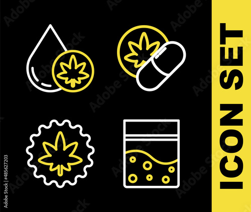 Set line Herbal ecstasy tablets, Plastic bag of cannabis, Marijuana or leaf and olive oil icon. Vector