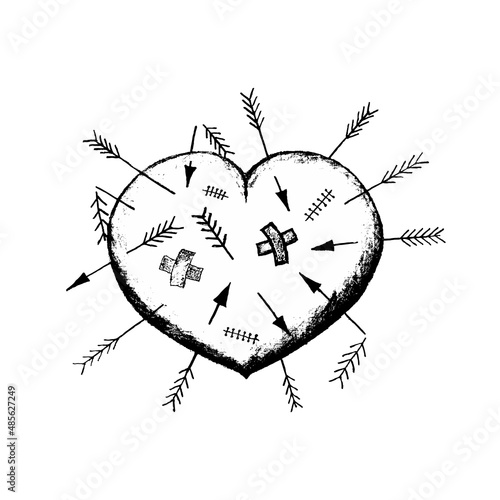 The heart is pierced by many arrows, the wounds on the heart are sewn with several sutures and sealed with adhesive tape. The concept of shattered love, betrayal, human indifference and cruelty.