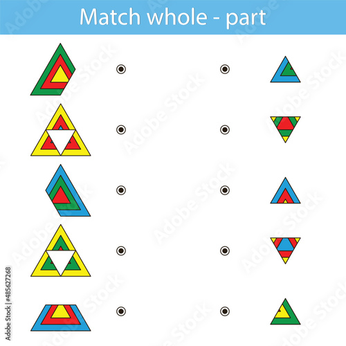 Education game for kids development of logic iq. Kids activity sheet. Find Match whole - part. Children funny riddle entertainment. Vector illustration