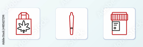 Set line Medical bottle with cannabis, Shopping paper bag of marijuana and Marijuana joint icon. Vector