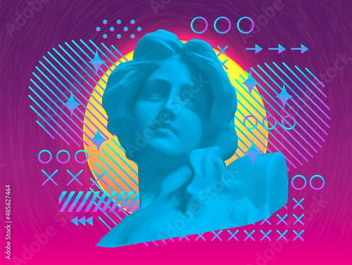 Retro futuristic illustration of a statue of a girl. Vaporwave and retrowave style, surreal vector background