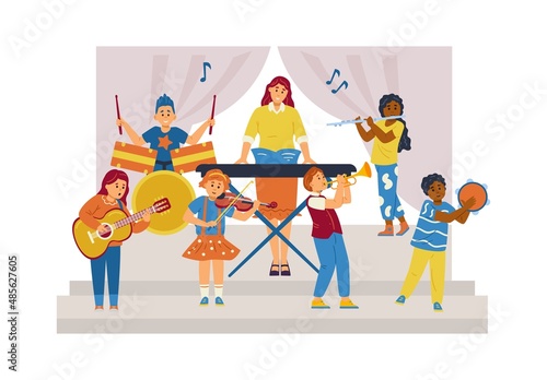 Kid music band show on kindergarten stage. White and black boys and girls practice music with adult teacher, vector.