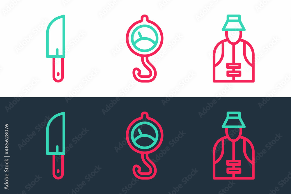 Set line Fisherman, Knife and Spring scale icon. Vector Set line Fisherman, Knife and Spring scale icon. Vector