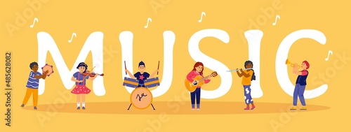 Music huge word and kids play musical instruments, flat vector illustration.