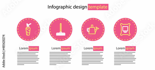 Set line Watering can, Fertilizer bag, Garden rake and Carrot icon. Vector