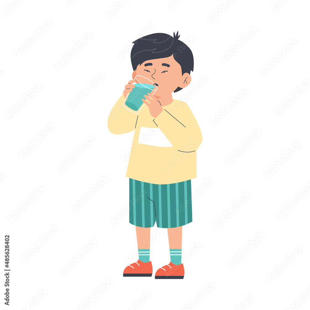 Asian boy holding glass of water and drinking from it, cartoon flat vector illustration. Cute little kid is thirsty. Asian boy holding glass of water and drinking from it, cartoon flat vector illustration. Cute little kid is thirsty.