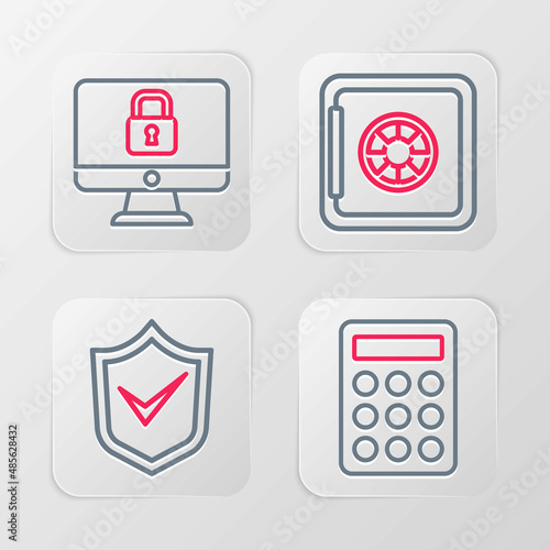 Set line Password protection, Shield with check mark, Safe and Lock computer monitor icon. Vector