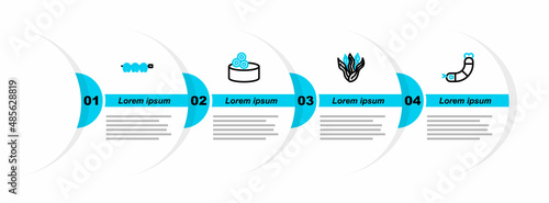 Set line Shrimp, Seaweed, Tin can with caviar and Grilled fish steak icon. Vector