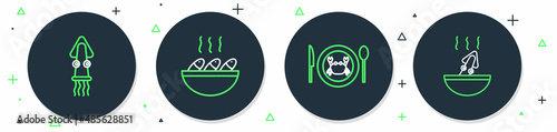 Set line Fish soup, Served crab on a plate, Octopus and Soup with octopus icon. Vector