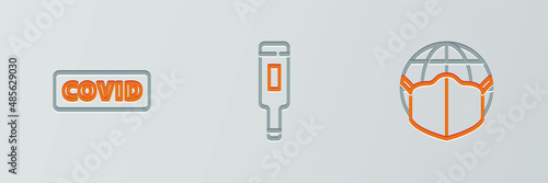 Set line Earth with medical mask, Corona virus covid-19 and Medical thermometer icon. Vector