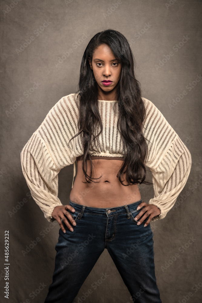 Tall and Glamorous BIPOC woman with long hair poses in a Los Angeles studio in jeans and a cropped sweater. Tall and Glamorous BIPOC woman with long hair poses in a Los Angeles studio in jeans and a cropped sweater.