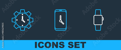 Set line Smartwatch, Time Management and Alarm clock app mobile icon. Vector