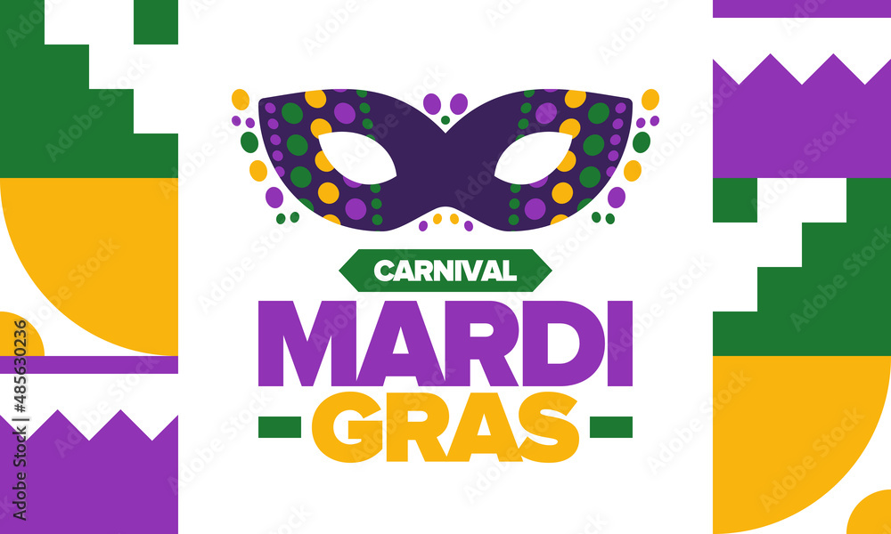 Mardi Gras Carnival in New Orleans. Fat Tuesday. Traditional folk festival with parade and celebration. Annual holiday. Costume masquerade, fun party. Carnival mask. Poster, card, banner. Vector