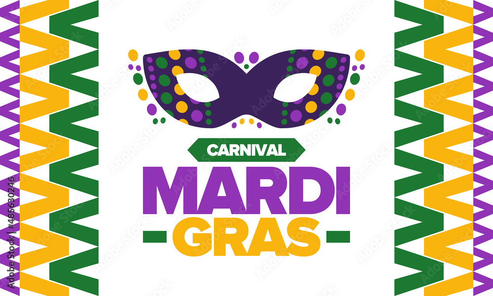 Mardi Gras Carnival in New Orleans. Fat Tuesday. Traditional folk festival with parade and celebration. Annual holiday. Costume masquerade, fun party. Carnival mask. Poster, card, banner. Vector Mardi Gras Carnival in New Orleans. Fat Tuesday. Traditional folk festival with parade and celebration. Annual holiday. Costume masquerade, fun party. Carnival mask. Poster, card, banner. Vector