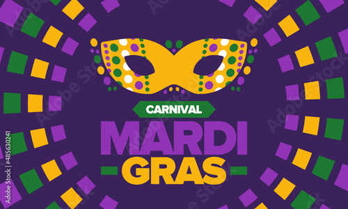 Mardi Gras Carnival in New Orleans. Fat Tuesday. Traditional folk festival with parade and celebration. Annual holiday. Costume masquerade, fun party. Carnival mask. Poster, card, banner. Vector © Iuliia Pilipeichenko