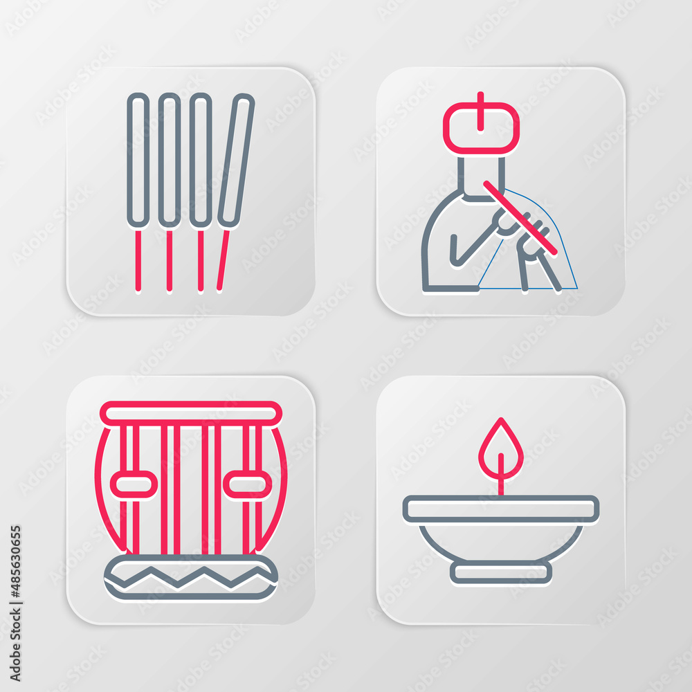 Set line Aroma lamp, Instrument tabla, Indian man plays flute and sticks, incense icon. Vector Set line Aroma lamp, Instrument tabla, Indian man plays flute and sticks, incense icon. Vector
