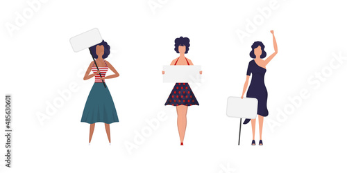 A set of Girls in full growth with a banner in their hands. Isolated. Flat style. Vector illustration.