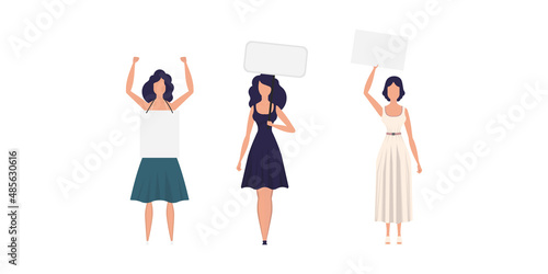 A set of Girls in full growth with a banner in their hands. Isolated. Flat style. Vector.