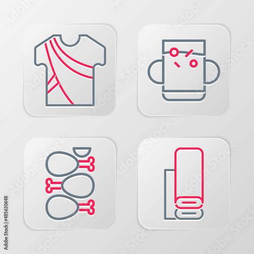 Set line Indian textile fabric, Tandoori chicken, Cup of tea leaf and man dress icon. Vector