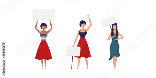 A set of Full Body Girls protest with a banner. Isolated. Flat style. Vector illustration.