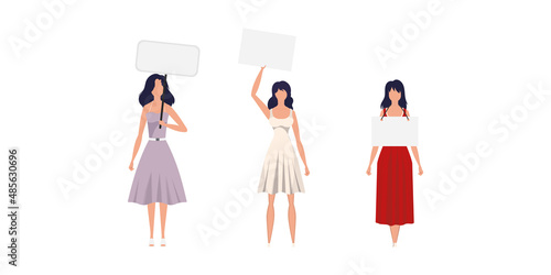 A set of Full Body Girls protest with a banner. Isolated. Flat style. Vector.