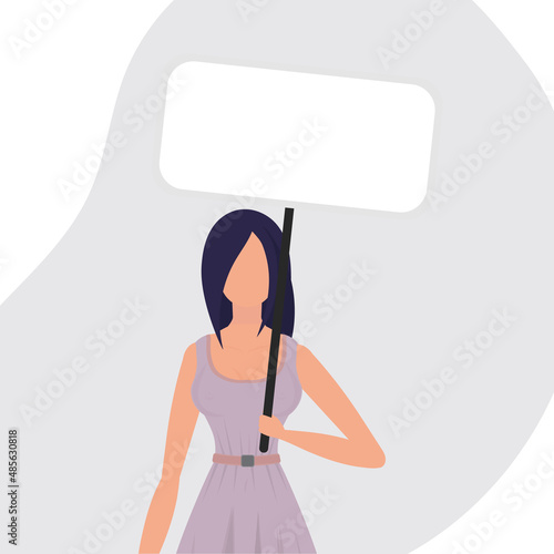 A woman with an empty banner in her hands. The concept of expressing thoughts, dissatisfaction and protests. Flat style. Vector illustration.